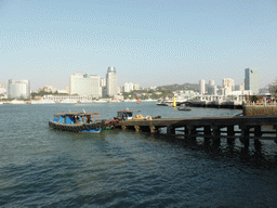 Ferry Quay Terminal at the east side of Gulangyu Island, skyscrapers at the west side of Xiamen Island and Xiamen Bay