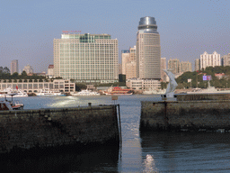 Dolphin statue at the Ferry Quay Terminal, Xiamen Bay and skyscrapers at the west side of Xiamen Island