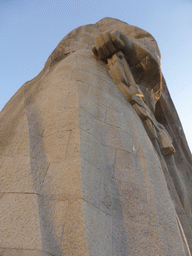 Front left side of the large statue of Zheng Chenggong on Fuding Rock at the Haoyue Park at Gulangyu Island