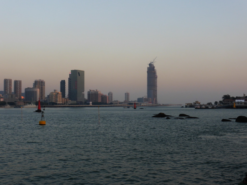 Xiamen Bay and skyscrapers at the southwest side of Xiamen Island, viewed from the ferry from Gulangyu Island