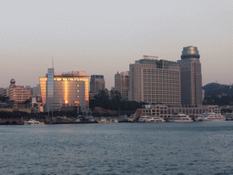 Boats in Xiamen Bay and skyscrapers at the west side of Xiamen Island, viewed from the ferry from Gulangyu Island