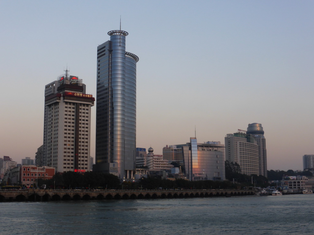 Xiamen Bay and skyscrapers at the west side of Xiamen Island, viewed from the ferry from Gulangyu Island