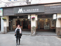 Miaomiao in front of the Zhang Sanfeng milktea shop at the Zhongshan Road Pedestrian Street