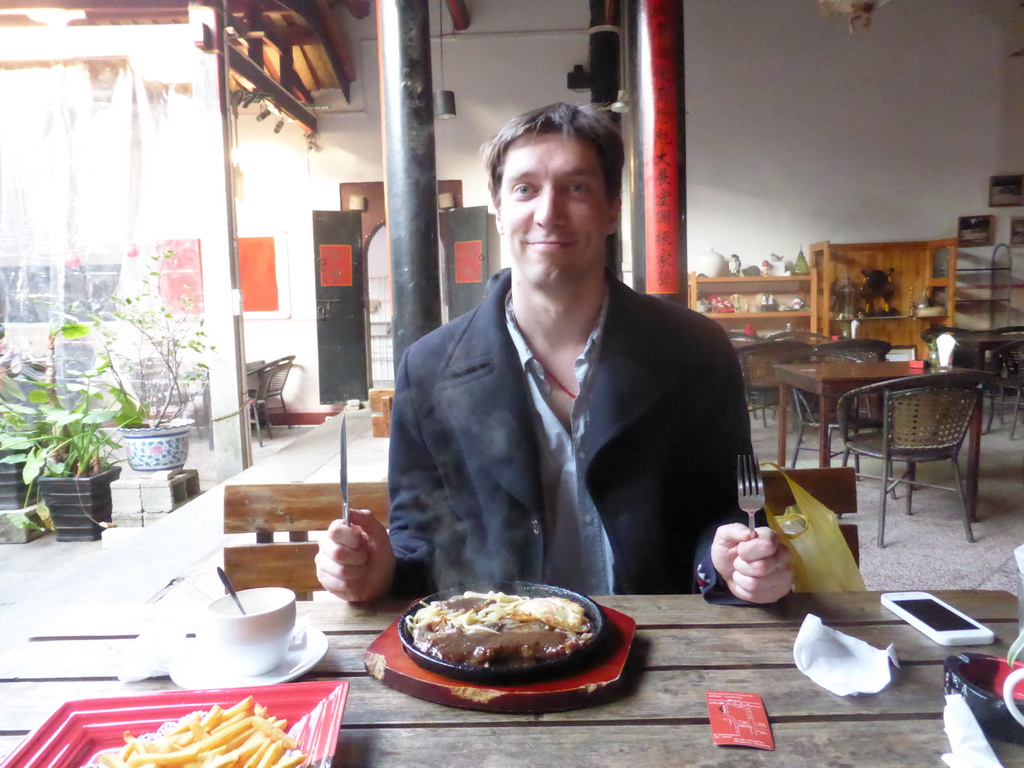 Tim having dinner at the Temple Café at Zeng Cuo An Village