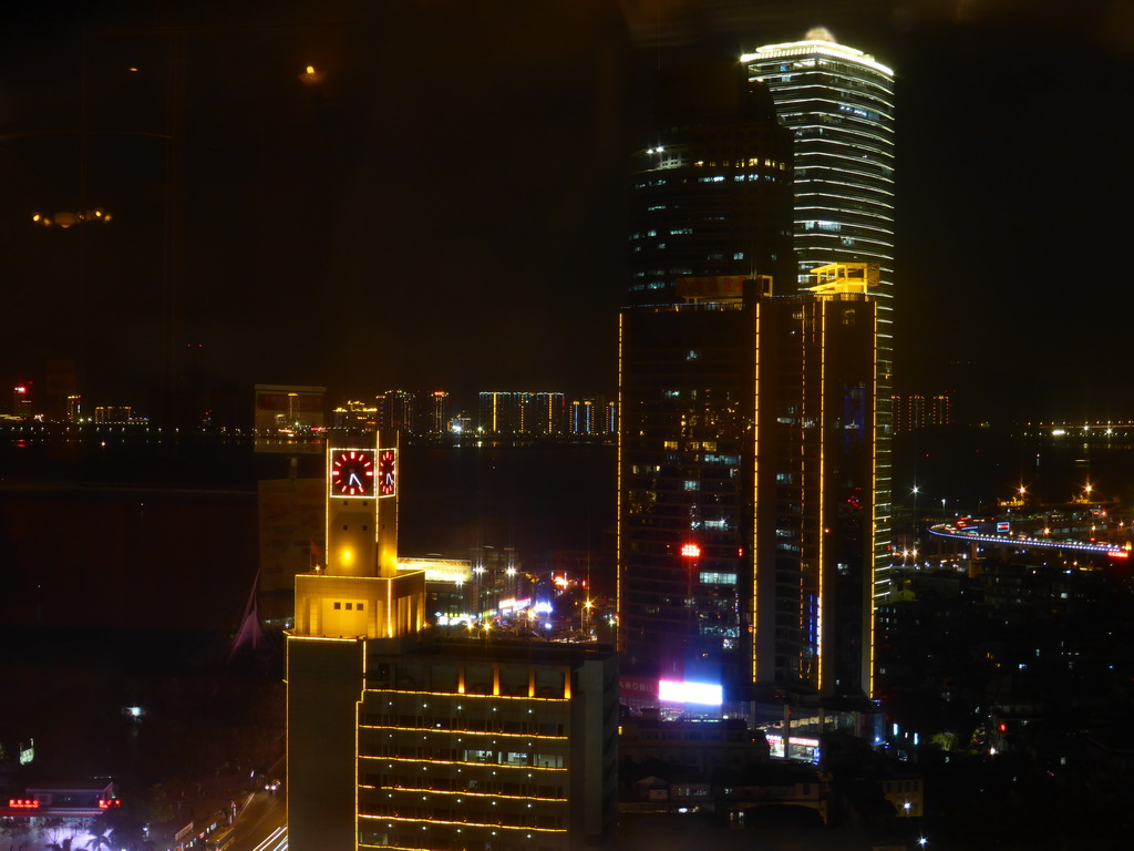 Skyscrapers at Xiamen Island and the Haicang District, viewed from the Pizza Hut rooftop restaurant at Lujiang Road, by night
