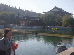 Miaomiao in front of the Nine-Dragon Lake at the Huaqing Hot Springs