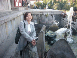 Miaomiao with a fountain at the Huaqing Hot Springs