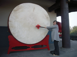 Miaomiao with a drum at the Drum Tower of Xi`an
