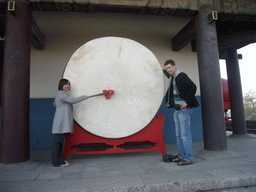 Tim and Miaomiao with a drum at the Drum Tower of Xi`an