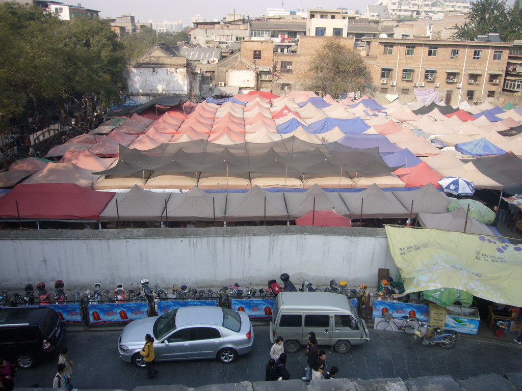 Market stalls at Beiyuanmen Islamic Street, viewed from the Drum Tower of Xi`an