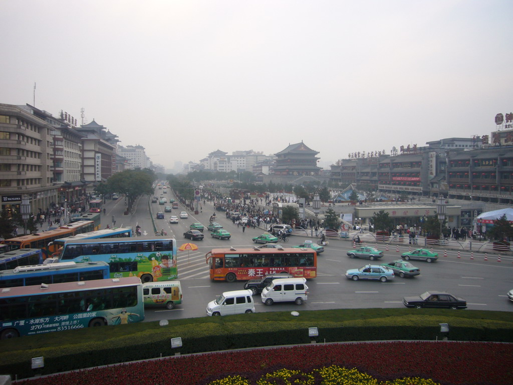 The Bell and Drum Tower Square with the Drum Tower of Xi`an, viewed from the Bell Tower of Xi`an