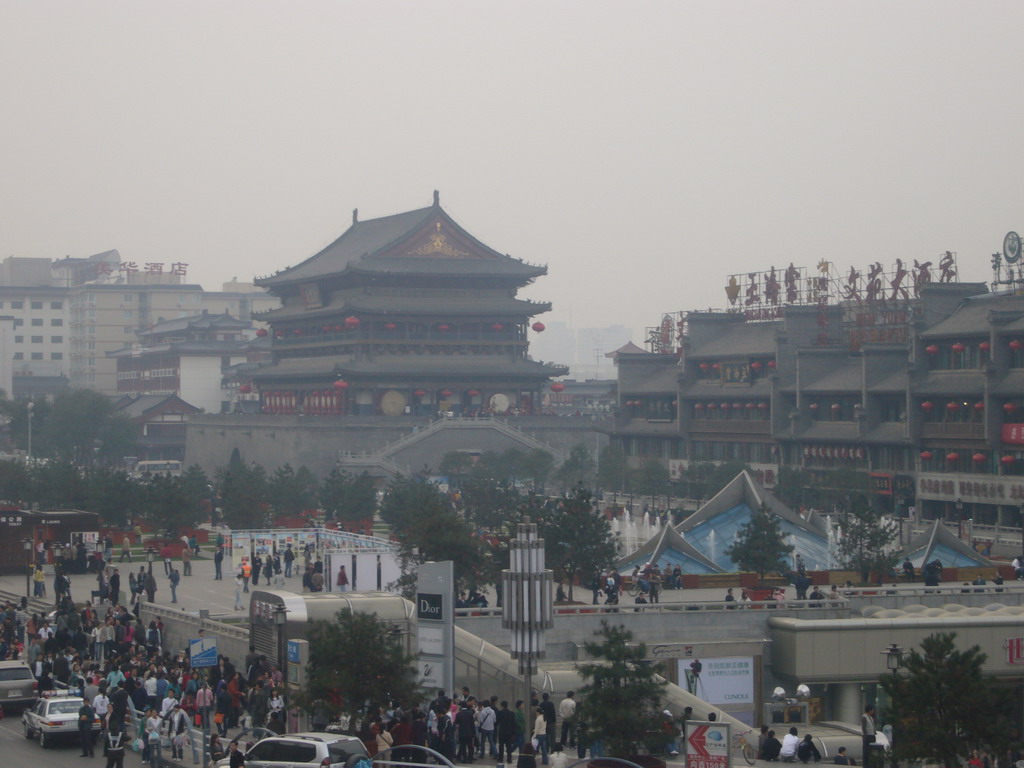 The Bell and Drum Tower Square with the Drum Tower of Xi`an, viewed from the Bell Tower of Xi`an