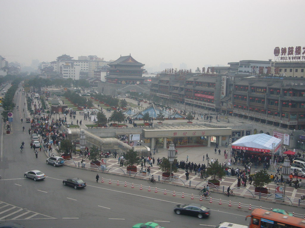 The Bell and Drum Tower Square with the Drum Tower of Xi`an, viewed from the Bell Tower of Xi`an