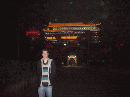 Tim in front of the North Gate of the Xi`an City Wall, by night