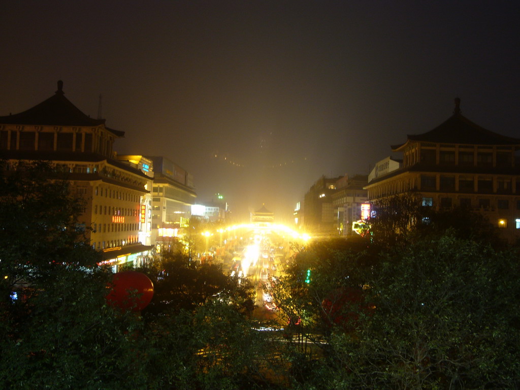 South Street and the Bell Tower of Xi`an, viewed from the North Gate of the Xi`an City Wall, by night