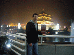 Tim at the Bell and Drum Tower Square, with a view on the Bell Tower of Xi`an and the Drum Tower of Xi`an, by night