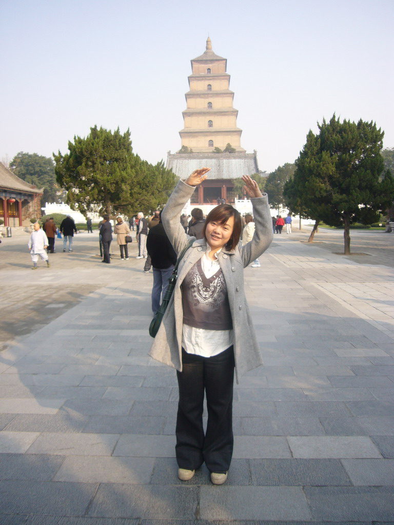 Miaomiao in front of the south side of the Giant Wild Goose Pagoda at the Daci`en Temple