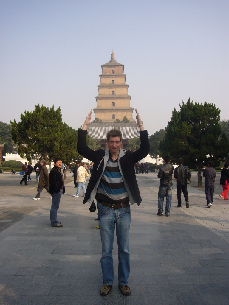 Tim in front of the south side of the Giant Wild Goose Pagoda at the Daci`en Temple