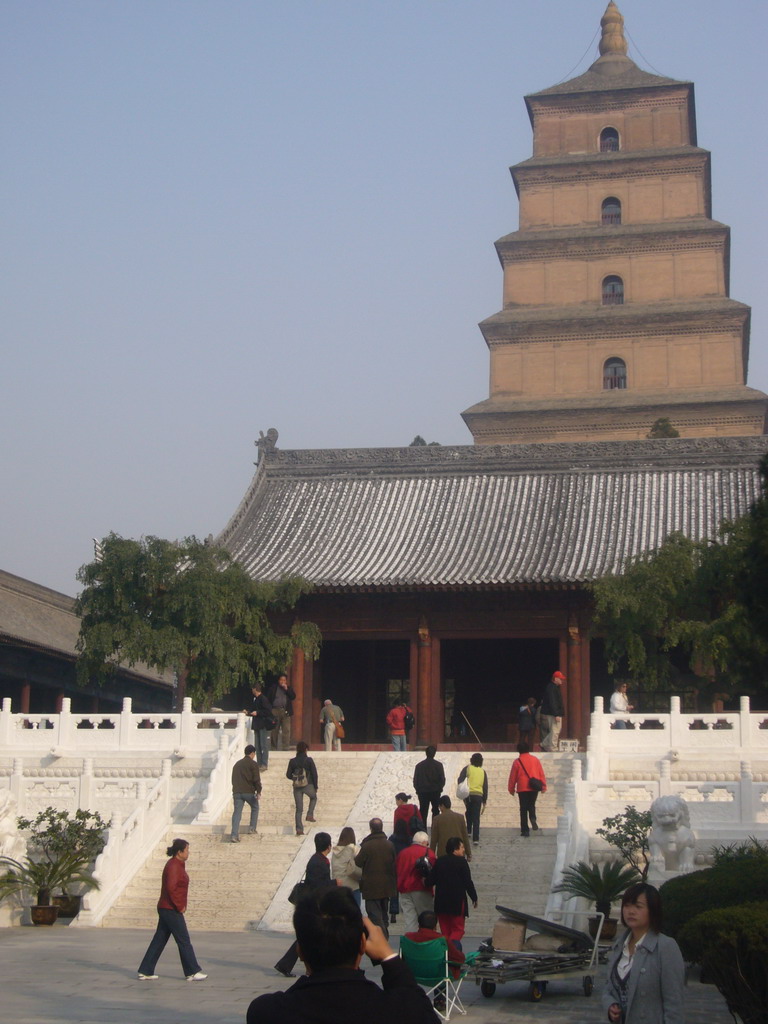 Miaomiao in front of the south side of the Giant Wild Goose Pagoda at the Daci`en Temple