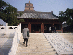 Miaomiao on the staircase in front of the Giant Wild Goose Pagoda at the Daci`en Temple