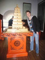 Tim with a scale model of the Giant Wild Goose Pagoda at the Daci`en Temple, at one of the upper floors