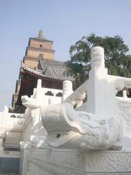 Sculpture and the north side of the Giant Wild Goose Pagoda at the Daci`en Temple