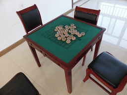 Table with Chinese chess stones at Miaomiao`s grandmother`s building at the Elder Welfare Services Center