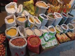 Eggs, seeds and spices at an open market in the city center