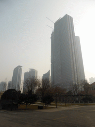 Park in front of the ChangYu Wine Culture Museum, and skyscrapers at Dama Road and Jiefang Road