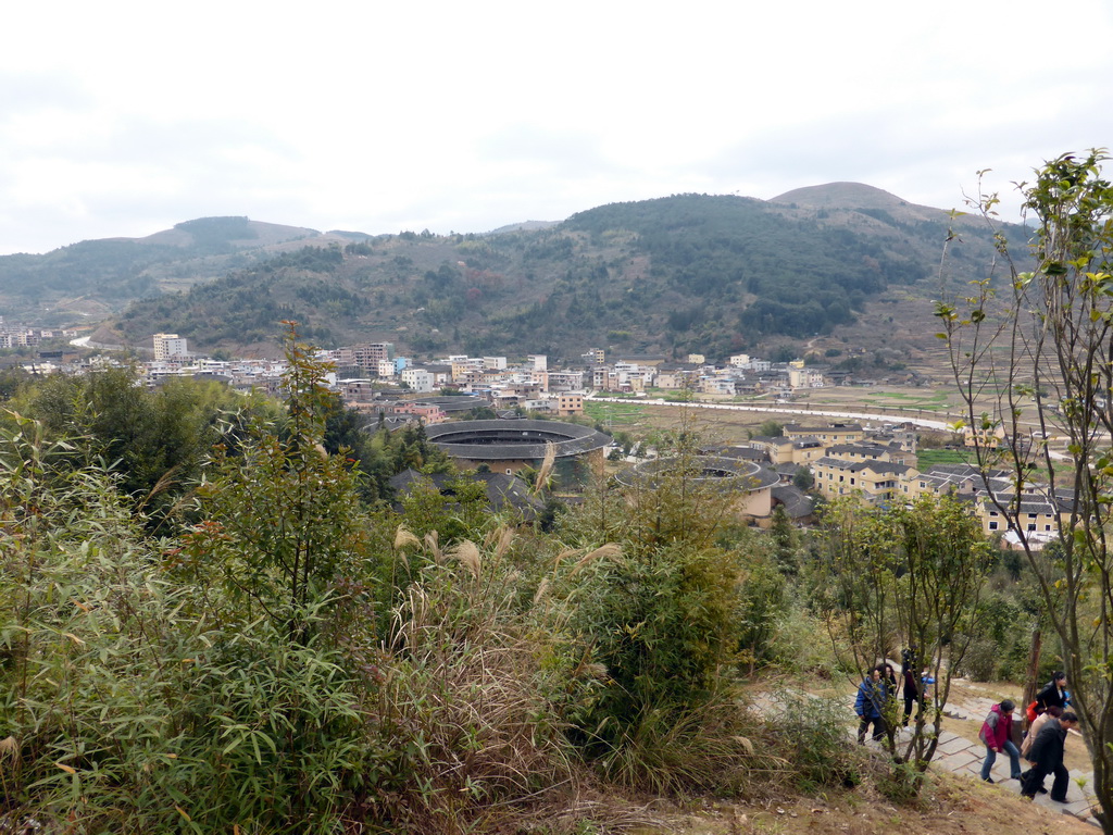 The Qiaofu Lou, Chengqi Lou and Beichen Lou buildings of the Gaobei Tulou Cluster, viewed from the staircase to the Yongding Scenic Area viewing point