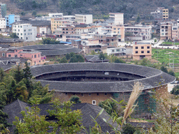 The Chengqi Lou and Beichen Lou buildings of the Gaobei Tulou Cluster, viewed from the staircase to the Yongding Scenic Area viewing point