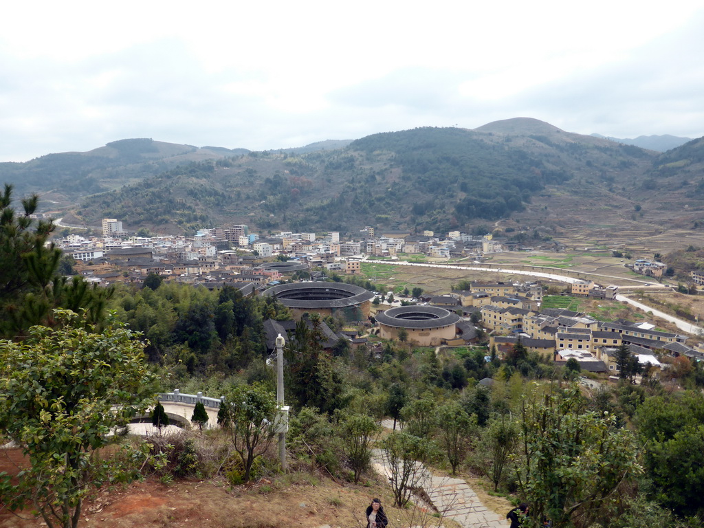 The Qiaofu Lou, Chengqi Lou, Shize Lou and Beichen Lou buildings of the Gaobei Tulou Cluster, viewed from the Yongding Scenic Area viewing point