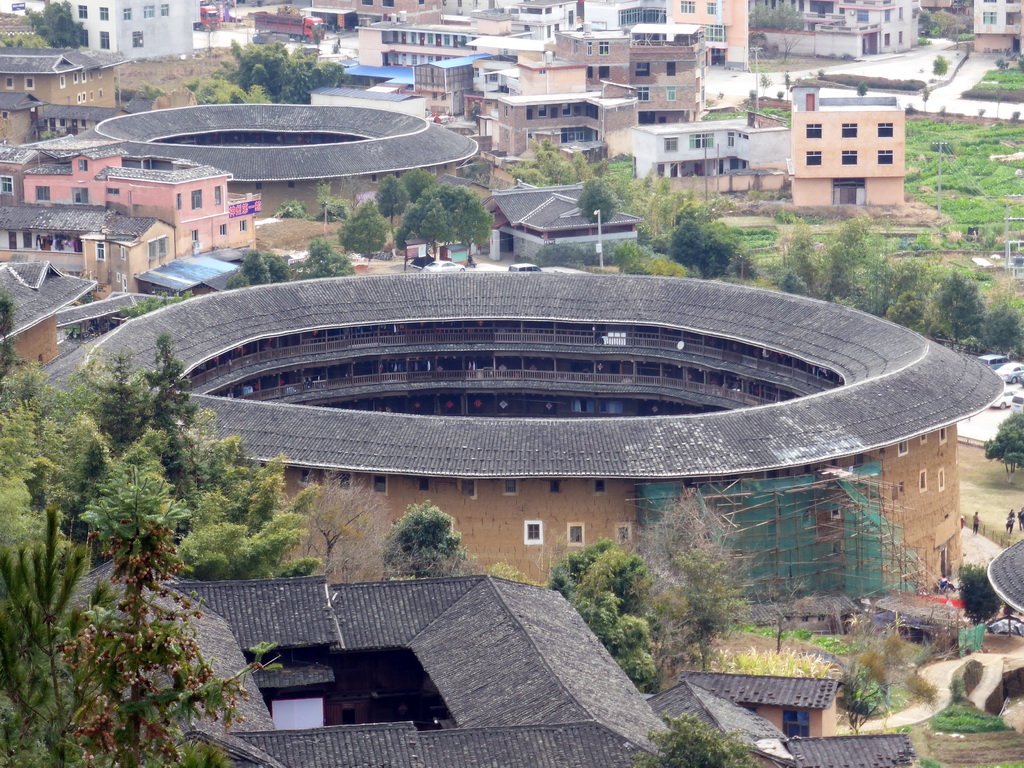 The Chengqi Lou and Beichen Lou buildings of the Gaobei Tulou Cluster, viewed from the Yongding Scenic Area viewing point