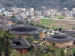 The Qiaofu Lou, Chengqi Lou and Beichen Lou buildings of the Gaobei Tulou Cluster, viewed from the Yongding Scenic Area viewing point