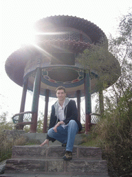 Tim with pavilion at the Mount Yuntaishan Global Geopark