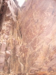 Red cliff and severed wall at the Red Stone Gorge at the Mount Yuntaishan Global Geopark