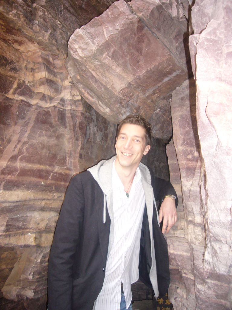 Tim in front of the Proterozoic Beach at the Red Stone Gorge at the Mount Yuntaishan Global Geopark