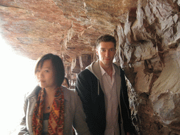 Tim, Miaomiao and her mother at the mountainside path at the Red Stone Gorge at the Mount Yuntaishan Global Geopark