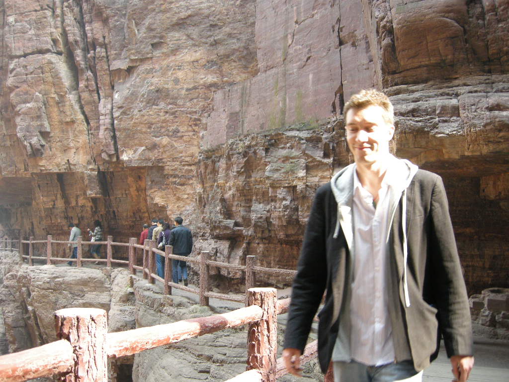 Tim at the bridge at the Red Stone Gorge at the Mount Yuntaishan Global Geopark