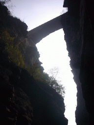 Bridge at the Red Stone Gorge at the Mount Yuntaishan Global Geopark, viewed from below