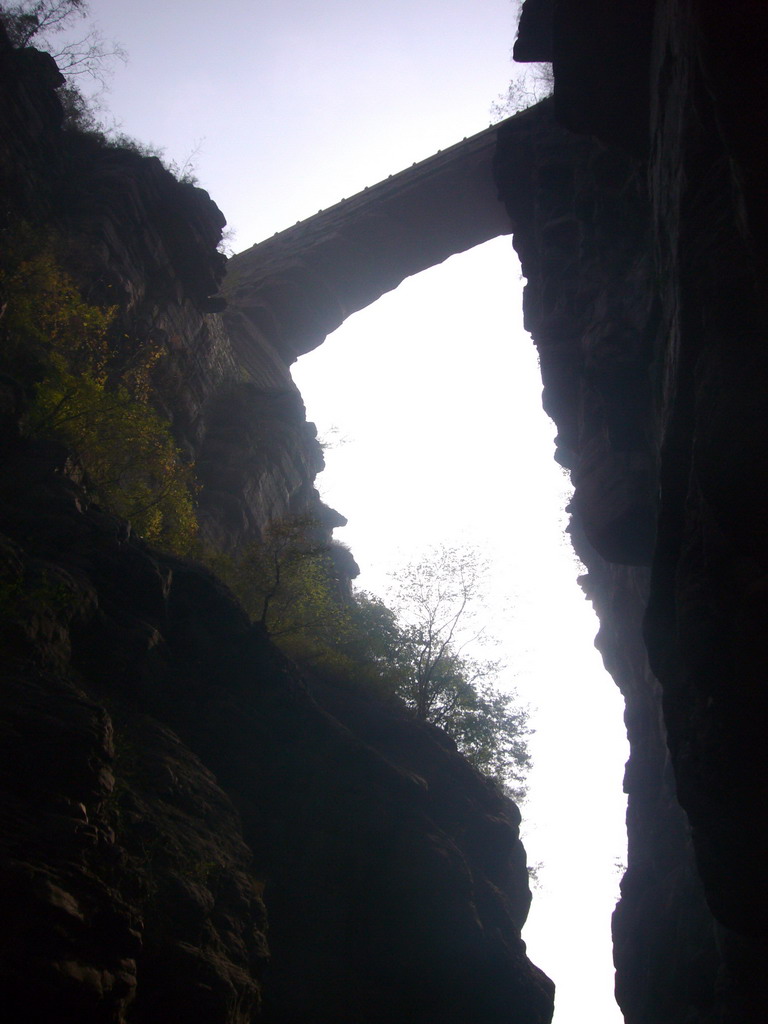 Bridge at the Red Stone Gorge at the Mount Yuntaishan Global Geopark, viewed from below