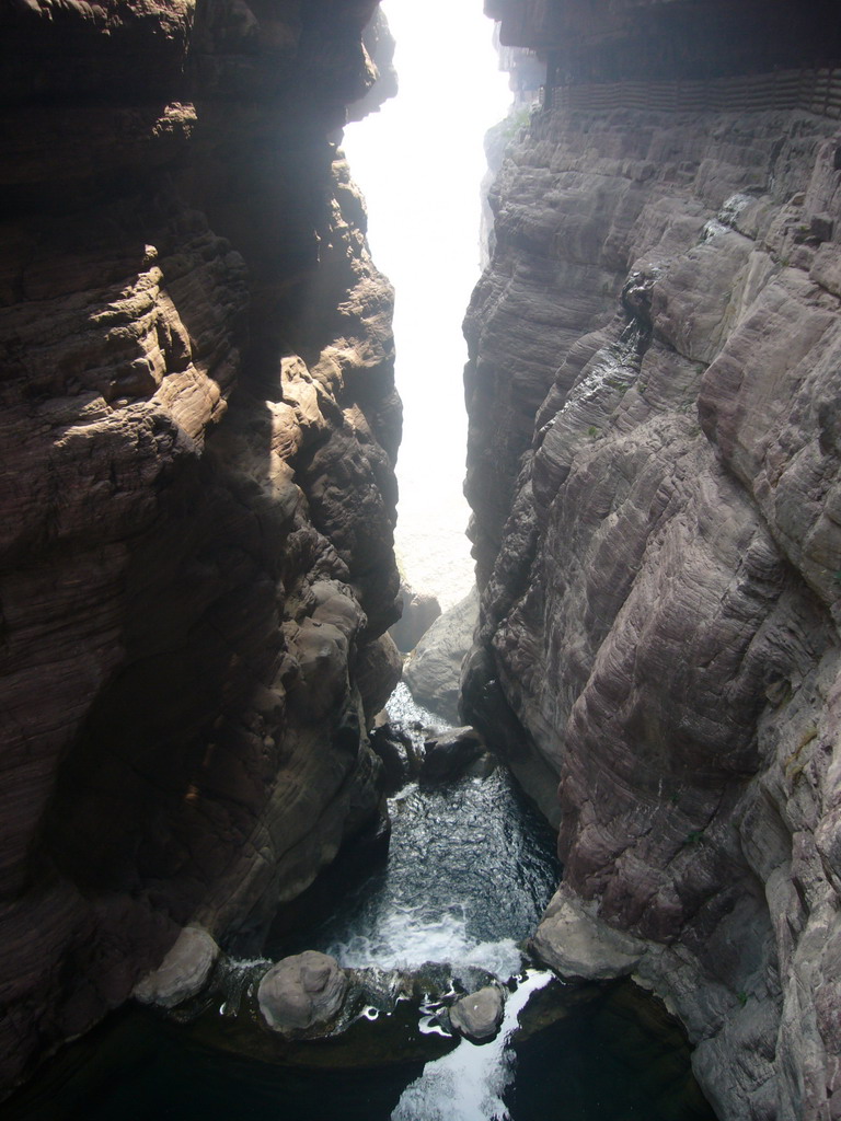 Waterfall at the Red Stone Gorge at the Mount Yuntaishan Global Geopark, viewed from the bridge