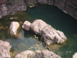 River at the Red Stone Gorge at the Mount Yuntaishan Global Geopark, viewed from the mountainside path