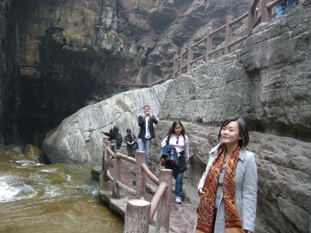 Tim and Miaomiao at the waterfall at the Red Stone Gorge at the Mount Yuntaishan Global Geopark