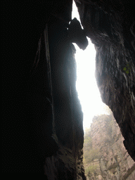 Hanging rock at the Red Stone Gorge at the Mount Yuntaishan Global Geopark