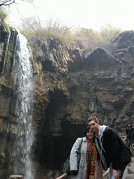 Tim and Miaomiao at the waterfall at the Red Stone Gorge at the Mount Yuntaishan Global Geopark
