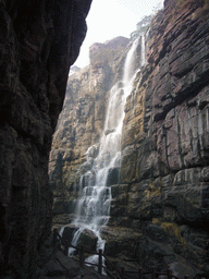 Waterfall at the Red Stone Gorge at the Mount Yuntaishan Global Geopark, viewed from the mountainside path