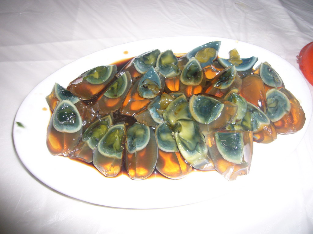 Century eggs at a restaurant at the Mount Yuntaishan Global Geopark