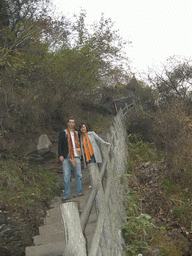 Tim and Miaomiao at a staircase at the Tanpu Gorge at the Mount Yuntaishan Global Geopark