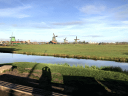 The De Gekroonde Poelenburg, De Kat, Het Jonge Schaap and De Zoeker windmills at the Zaanse Schans neighbourhood, viewed from the Schansend street